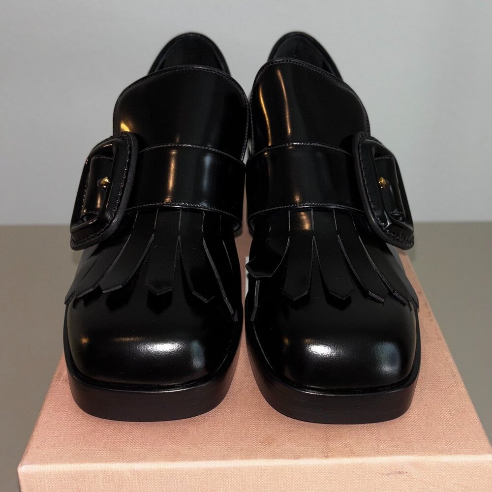 Miu Miu Black Leather Platform Buckle Loafers Size 36 With Box